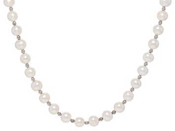 White Cultured Freshwater Pearl Sterling Silver 18 Inch Mesh Necklace