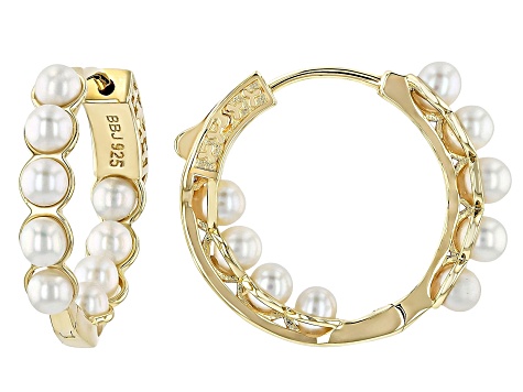 White Cultured Freshwater Pearl 18k Yellow Gold Over Sterling Silver Earring