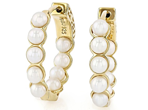 White Cultured Freshwater Pearl 18k Yellow Gold Over Sterling Silver Earring