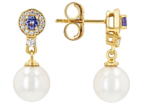White Cultured Japanese Akoya Pearl With Tanzanite & White Zircon 18k Gold Over Silver Earrings