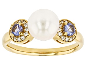 White Cultured Japanese Akoya Pearl With Tanzanite & White Zircon 18k Yellow Gold Over Silver Ring