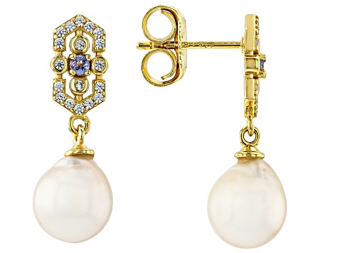 White Cultured Japanese Akoya Pearl With Tanzanite & White Zircon 18k Gold Over Silver Earrings