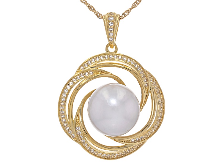 White Cultured Freshwater Pearl & Topaz 18k Yellow Gold Over Sterling Silver Pendant With Chain