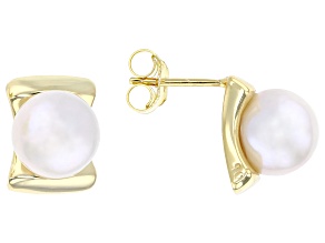 White Cultured Freshwater Pearl 18k Yellow Gold Over Sterling Silver Earrings