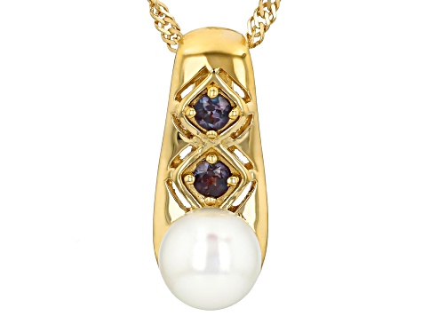 White Cultured Japanese Akoya Pearl With Lab Alexandrite 18K Gold Over Silver Pendant With Chain
