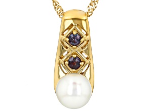 White Cultured Japanese Akoya Pearl With Lab Alexandrite 18K Gold Over Silver Pendant With Chain