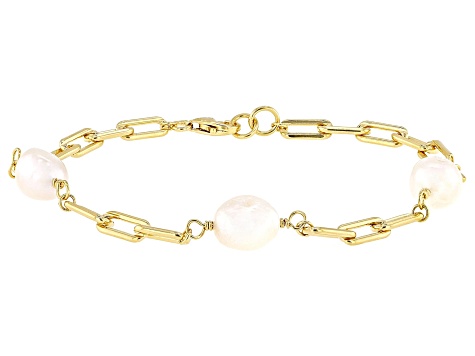 White Cultured Freshwater Pearl 14k Yellow Gold Over Sterling Silver Bracelet
