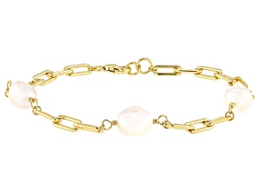 White Cultured Freshwater Pearl 14k Yellow Gold Over Sterling Silver Bracelet