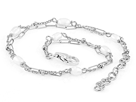 White Cultured Freshwater Pearl Rhodium Over Sterling Silver Bracelet