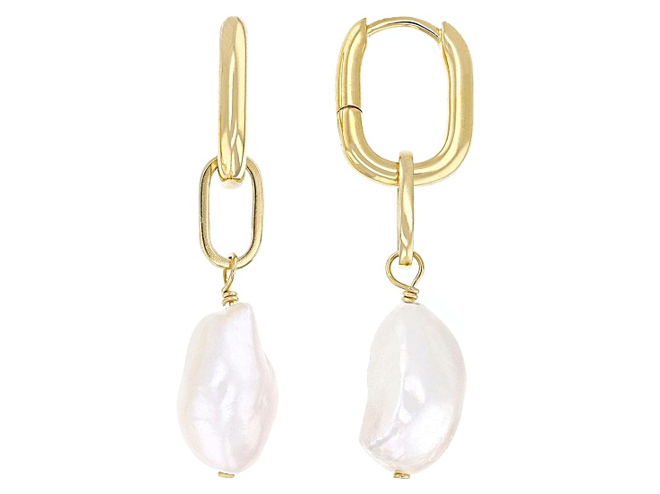 White Cultured Freshwater Pearl 14k Yellow Gold Over Sterling Silver Earrings