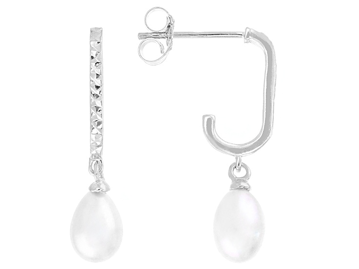White Cultured Freshwater Pearl Rhodium Over Sterling Silver Earrings