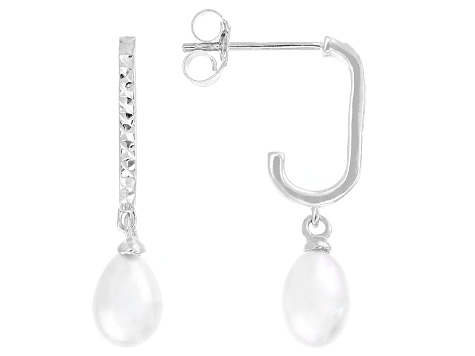 White Cultured Freshwater Pearl Rhodium Over Sterling Silver Earrings
