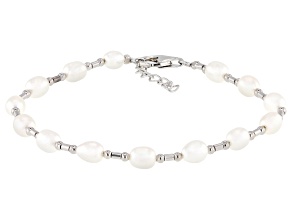 White Cultured Freshwater Pearl Rhodium Over Sterling Silver Bracelet