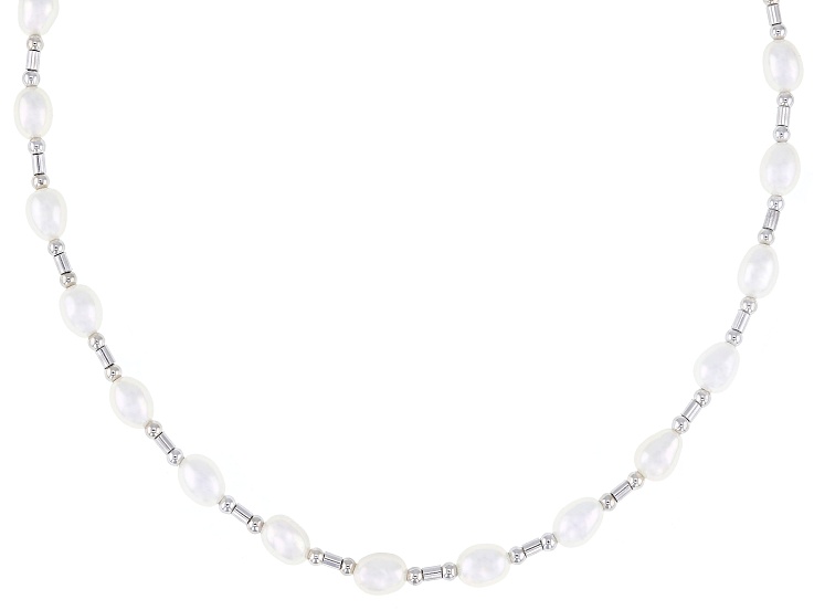 White Cultured Freshwater Pearl Rhodium Over Sterling Silver Necklace