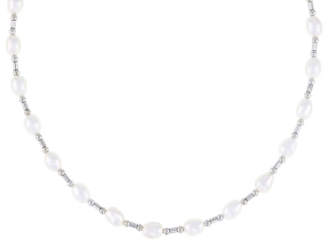 White Cultured Freshwater Pearl Rhodium Over Sterling Silver Necklace