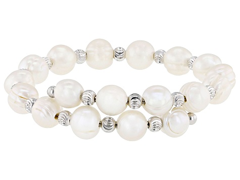 White Cultured Freshwater Pearl Rhodium Over Sterling Silver Bracelet