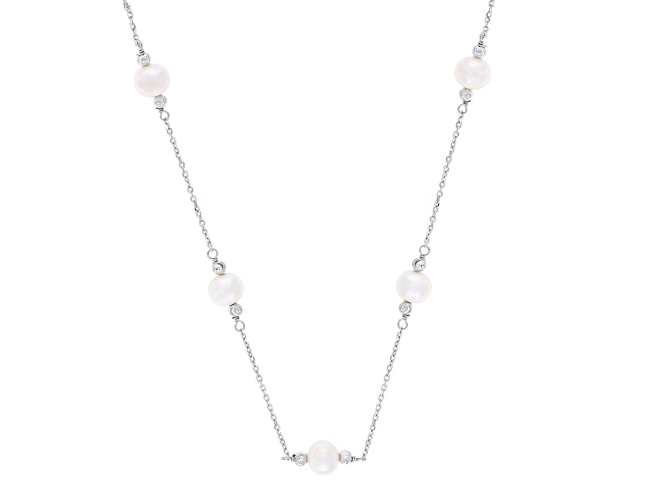 White Cultured Freshwater Pearl Rhodium Over Sterling Silver