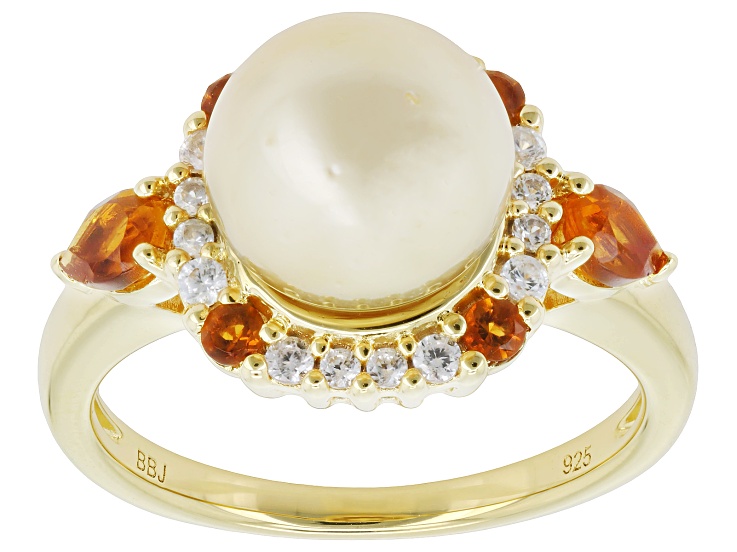 Golden Cultured South Sea Pearl With Madeira Citrine & Zircon 18K Yellow Gold Over Silver Ring