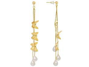 White Cultured Freshwater Pearl 14K Yellow Gold Plated Earrings