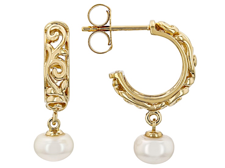 White Cultured Freshwater Pearl 18K Yellow Gold Over Sterling Silver Earrings