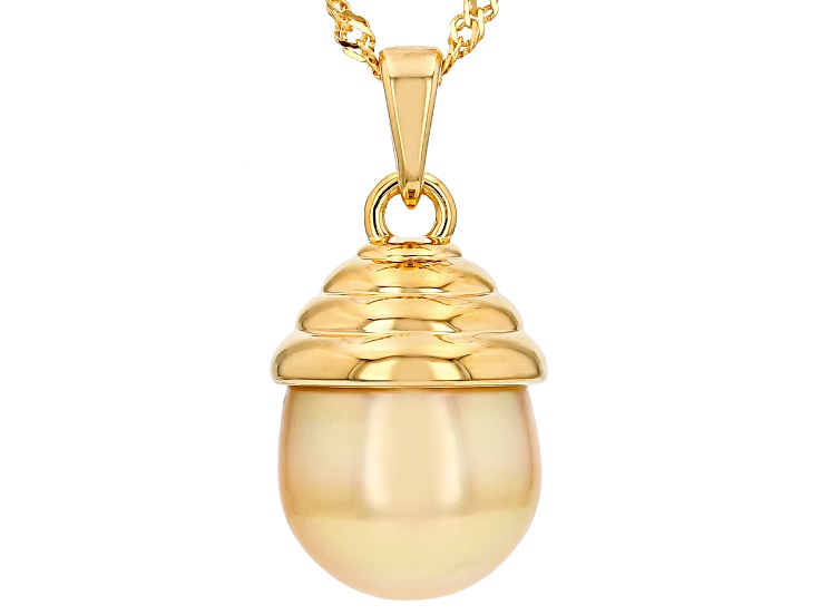 Golden Cultured South Sea Pearl 18K Yellow Over Sterling Silver Pendant with Chain