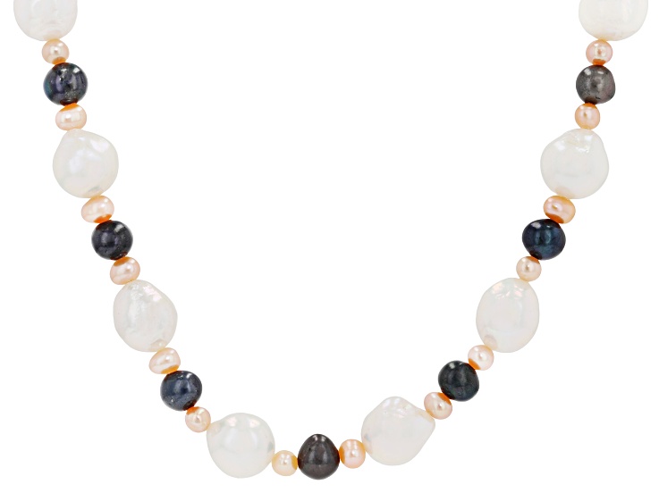 Genusisâ„¢ White, Black & Pink Cultured Freshwater Pearl Rhodium Over Silver 20 Inch Necklace