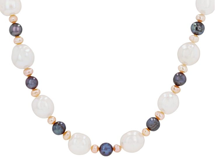 Genusisâ„¢ White, Black & Pink Cultured Freshwater Pearl Rhodium Over Silver 36 Inch Necklace