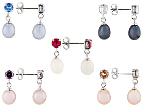 Multi-Color Cultured Freshwater Pearl Drop Earrings Set Of 5 Pairs Stainless Steel With Gift Box