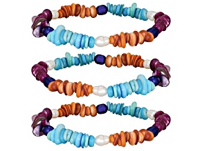 White & Blue Cultured Freshwater Pearl With Multi-Color Mother-of-Pearl Bracelet Set Of 3