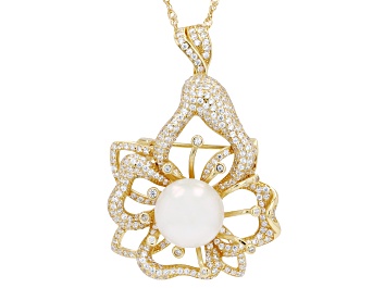 Picture of Cultured Freshwater Pearl With Cubic Zirconia 18K Gold Over Silver Pendant/Enhancer/Brooch and Chain