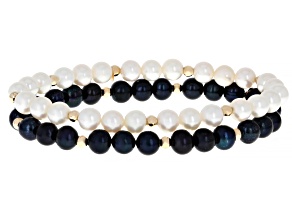 White & Black Cultured Freshwater Pearl 14k Yellow Gold Stretch Bracelets Set of 2