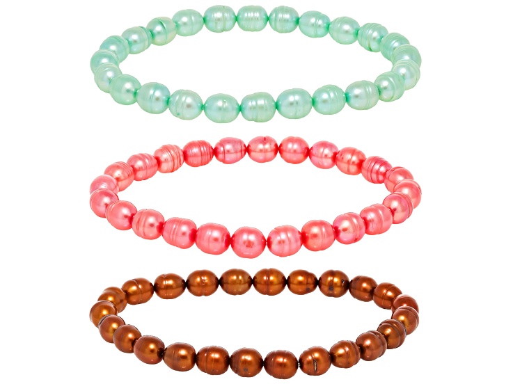 Multi-Color Cultured Freshwater Pearl Stretch Bracelet Set of 3