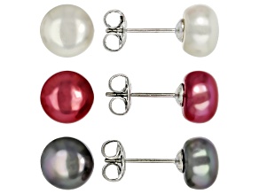 Multi-Color Cultured Freshwater Pearl Stainless Steel Earring Set of 3