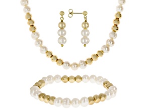 White Cultured Freshwater Pearl Gold Tone Hematine Stainless Steel Necklace Bracelet and Earring Set