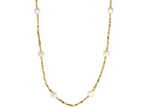 White Cultured Freshwater Pearl With Gold Hematine Stainless Steel 40 Inch Necklace