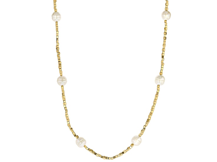 White Cultured Freshwater Pearl With Gold Hematine Stainless Steel 40 Inch Necklace