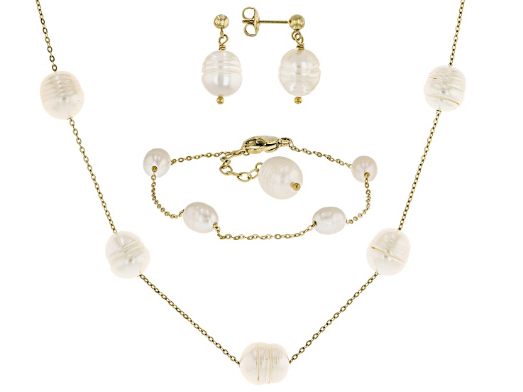 White Cultured Freshwater Pearl Stainless Steel Necklace Bracelet and Earring Set
