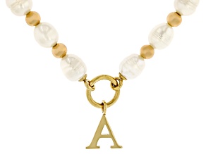 White Cultured Freshwater Pearl With Hematine Stainless Steel 18 Inch Initial Necklace