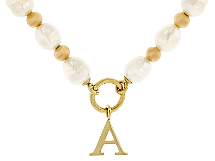 White Cultured Freshwater Pearl With Hematine Stainless Steel 18 Inch Initial Necklace