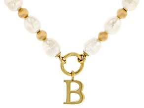 White Cultured Freshwater Pearl With Hematine Stainless Steel 18 Inch Initial Necklace