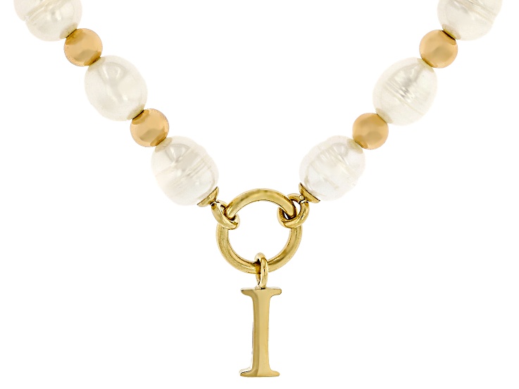 White Cultured Freshwater Pearl With Hematine Stainless Steel 18 Inch Initial Necklace