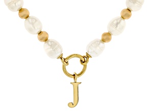 White Cultured Freshwater Pearl With Hematine Stainless Steel 18 Inch Initial Necklace
