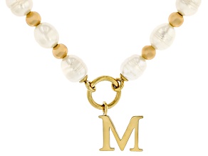 White Cultured Freshwater Pearl With Hematine Stainless Steel 18 Inch Initial Necklace