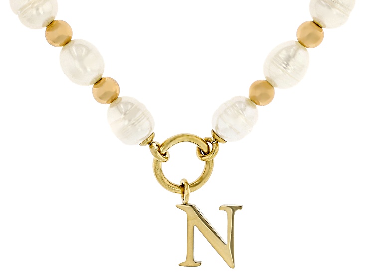 White Cultured Freshwater Pearl With Hematine Stainless Steel 18 Inch Initial Necklace