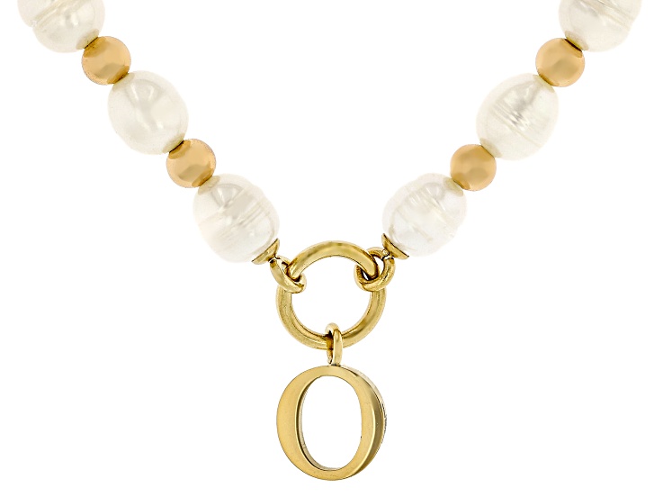 White Cultured Freshwater Pearl With Hematine Stainless Steel 18 Inch Initial Necklace