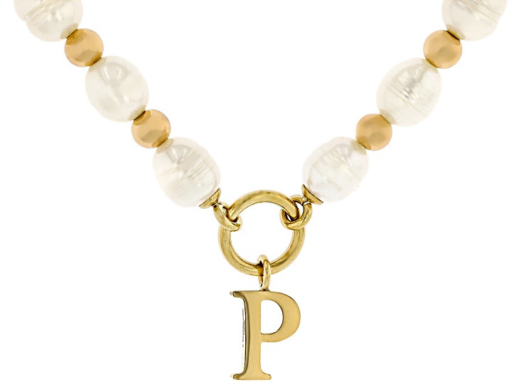 White Cultured Freshwater Pearl With Hematine Stainless Steel 18 Inch Initial Necklace