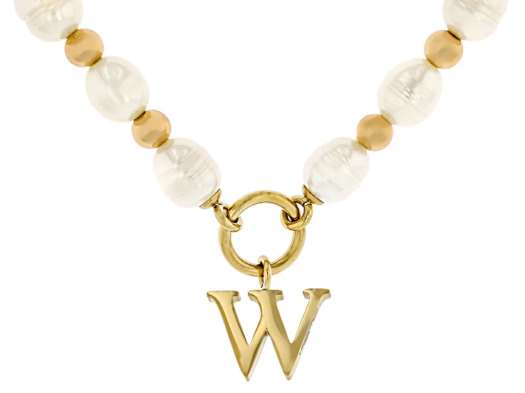 White Cultured Freshwater Pearl With Hematine Stainless Steel 18 Inch Initial Necklace