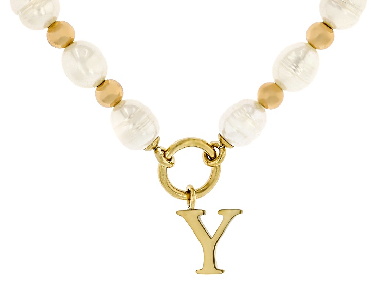 White Cultured Freshwater Pearl With Hematine Stainless Steel 18 Inch Initial Necklace