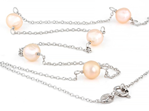 Peach Cultured Freshwater Pearl Sterling Silver 18 Inch Strand Necklace