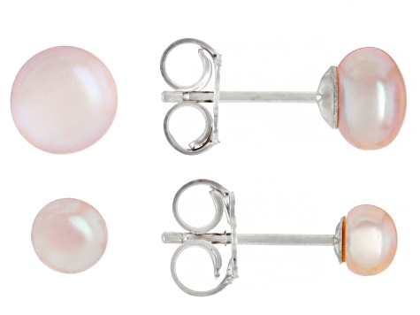 Pink Cultured Freshwater Pearl Rhodium Over Sterling Silver Stud Earring Set